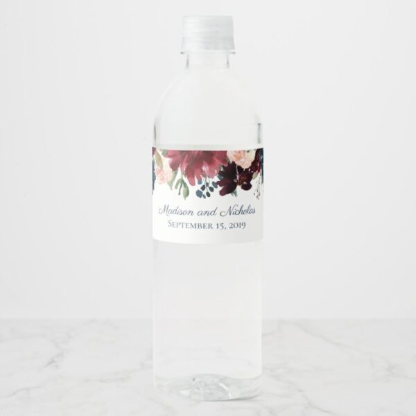 Navy Marsala Flower Wedding Water Bottle Labels