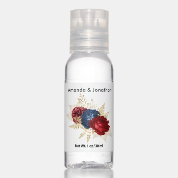 Navy, Red and Gold Floral Wedding Hand Sanitizer