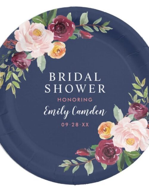 Navy Rustic Pink Burgundy Floral Bridal Shower Paper Plate
