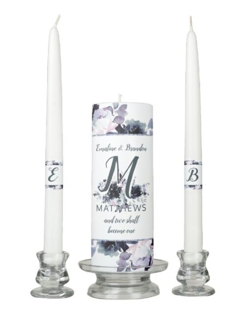 Nocturnal Floral Navy Blue Wedding Monogram Unity Candle Set