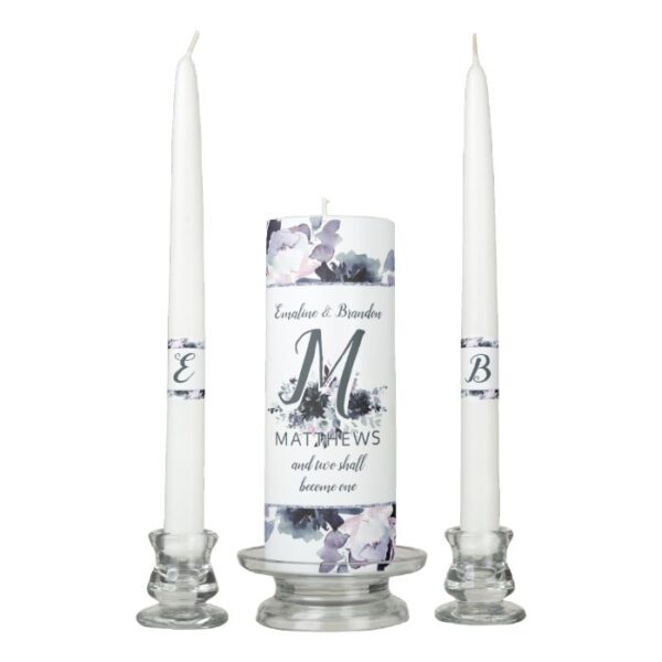 Nocturnal Floral Navy Blue Wedding Monogram Unity Candle Set