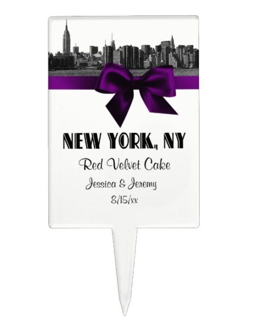 NYC Wide Skyline Etched BW Purple Cake Topper 2