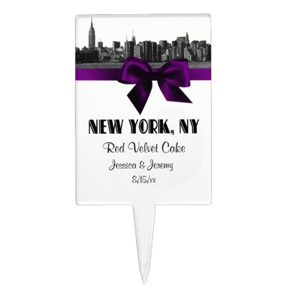 NYC Wide Skyline Etched BW Purple Cake Topper 2