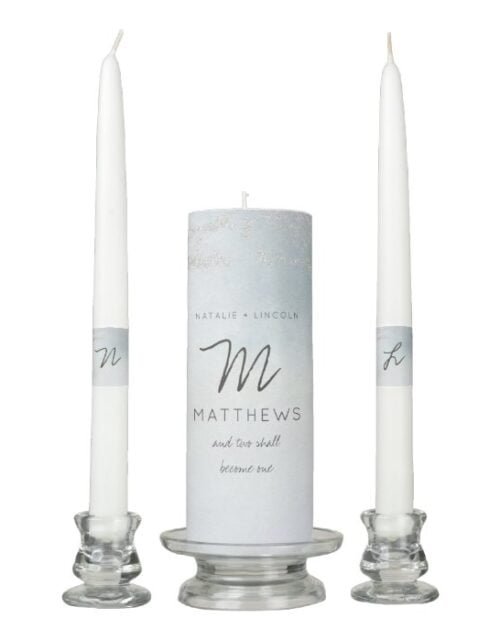 Ombre Dusty Blue Frosted Silver Wedding Monogram Unity Candle Set