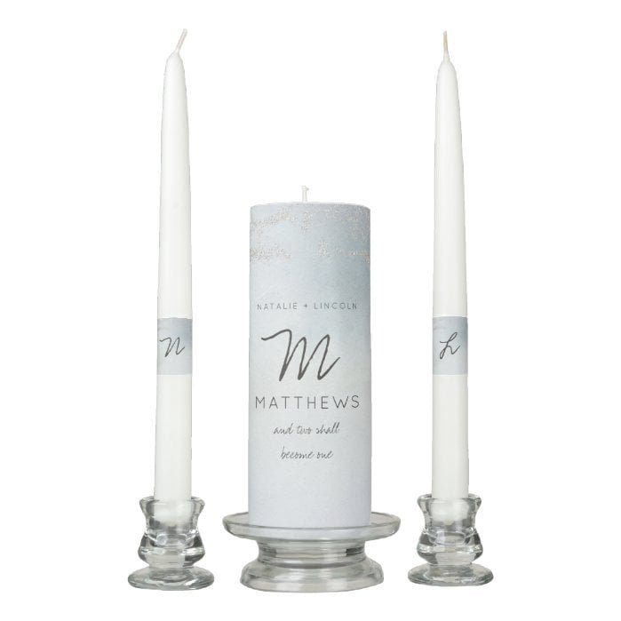 Ombre Dusty Blue Frosted Silver Wedding Monogram Unity Candle Set