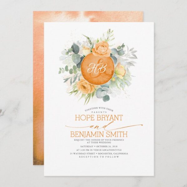 Orange Flowers and Eucalyptus Greenery Wedding Invitation