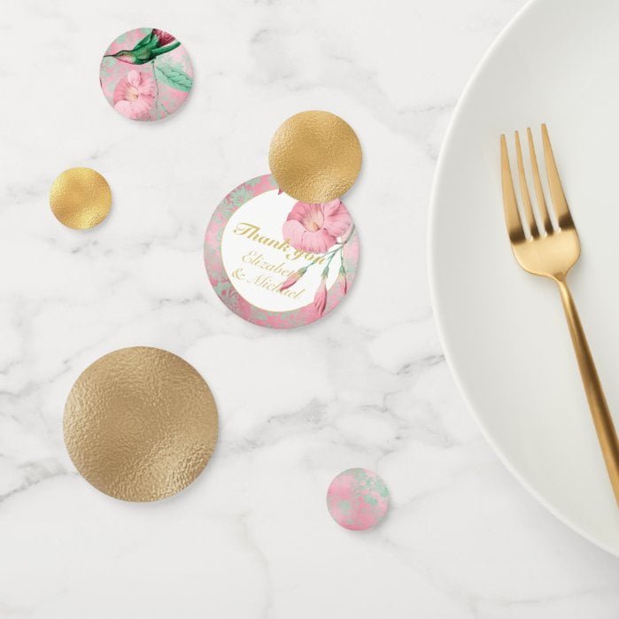 Ornate Hummingbird Mint Green Pink Gold Thank You Confetti