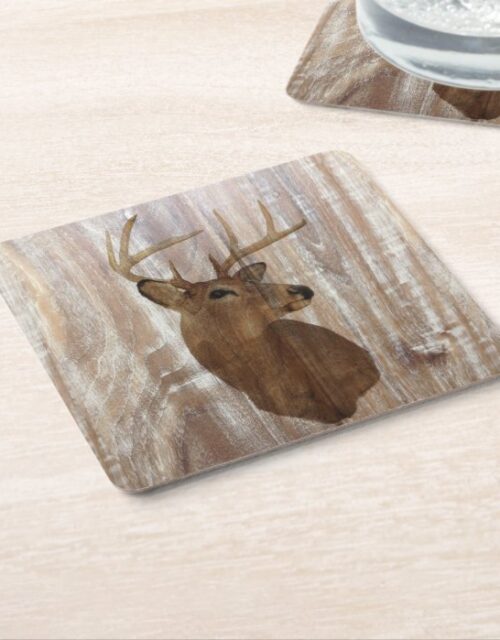 Outdoorsman Western Primitive barn wood deer Square Paper Coaster