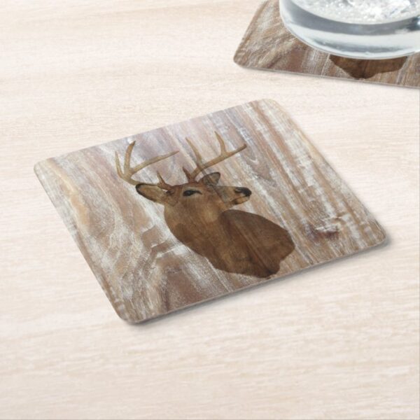 Outdoorsman Western Primitive barn wood deer Square Paper Coaster