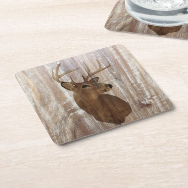 Outdoorsman Western Primitive barn wood deer Square Paper Coaster