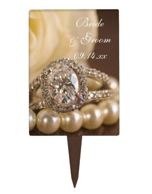 Oval Diamond Ring and White Rose Wedding Cake Topper