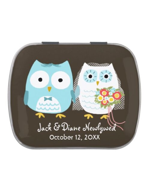 Owls Wedding Bride and Groom with Custom Text Candy Tin