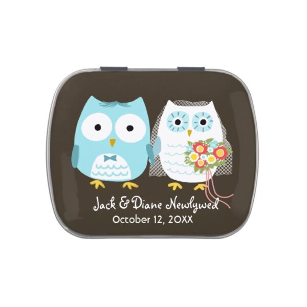 Owls Wedding Bride and Groom with Custom Text Candy Tin