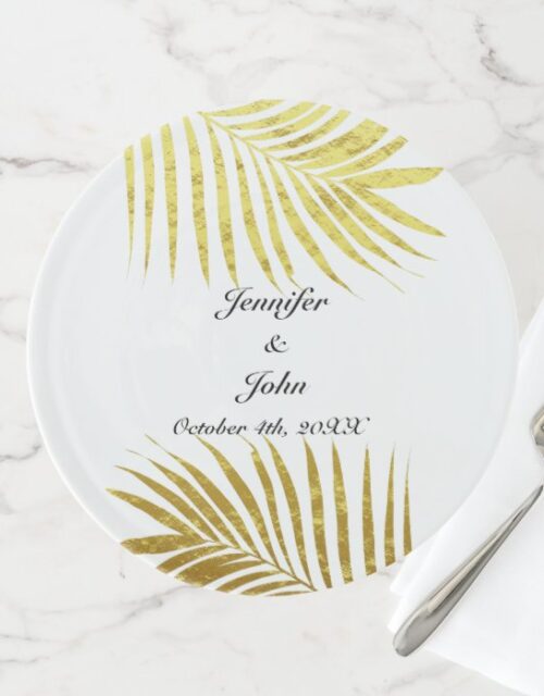 Palm Tree Foliage Gold Foil Leaves Wedding White Cake Stand