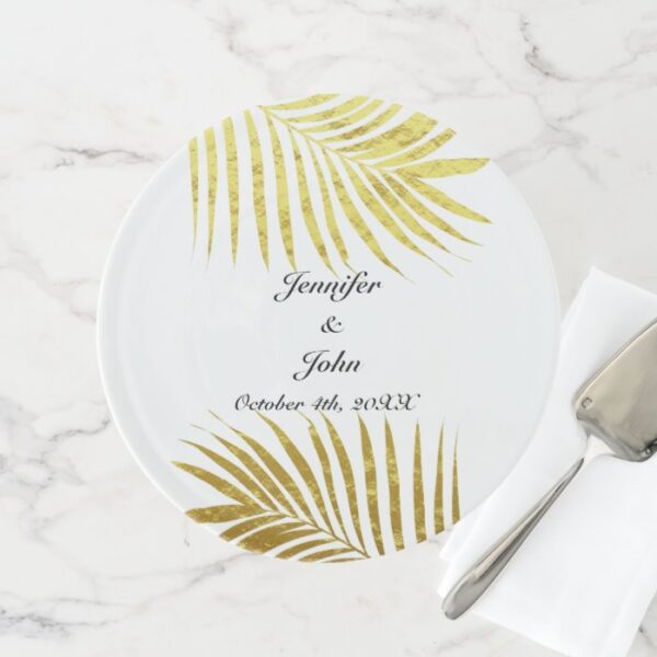 Palm Tree Foliage Gold Foil Leaves Wedding White Cake Stand