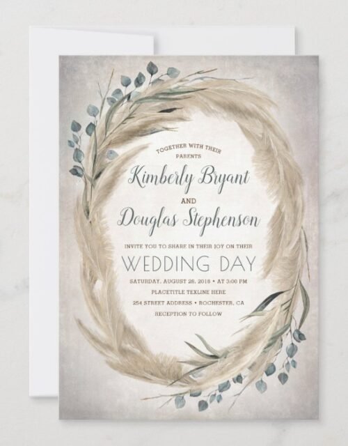 Pampas Grass and Greenery Wreath Vintage Wedding Invitation