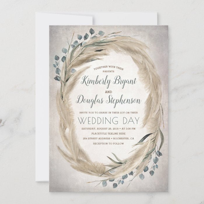 Pampas Grass and Greenery Wreath Vintage Wedding Invitation