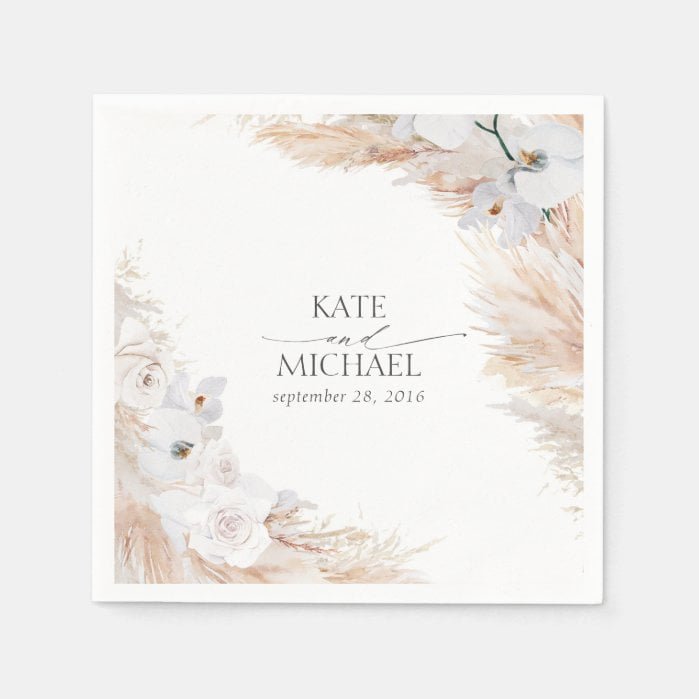 Pampas Grass and White Orchids Tropical Wedding Napkins