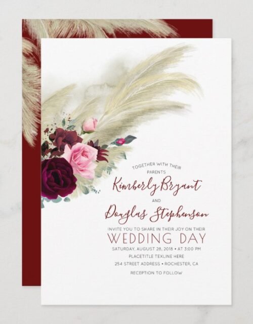 Pampas Grass Burgundy Floral Modern Summer Wedding Invitation