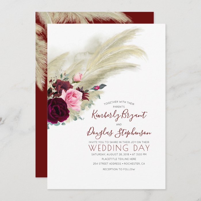 Pampas Grass Burgundy Floral Modern Summer Wedding Invitation