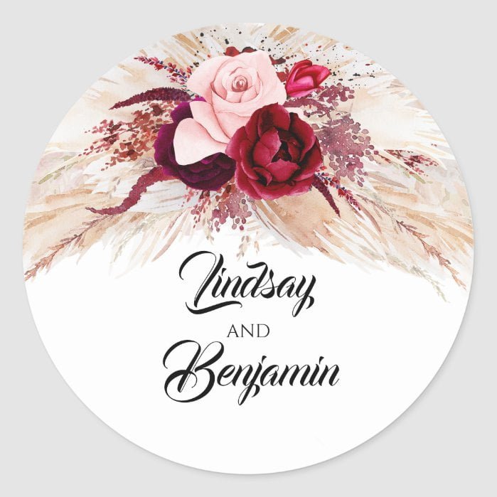 Pampas Grass Burgundy Red Modern Wedding Classic Round Sticker