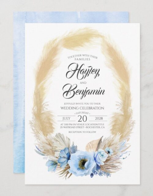 Pampas Grass Dusty Blue Flowers Tropical Wedding Invitation