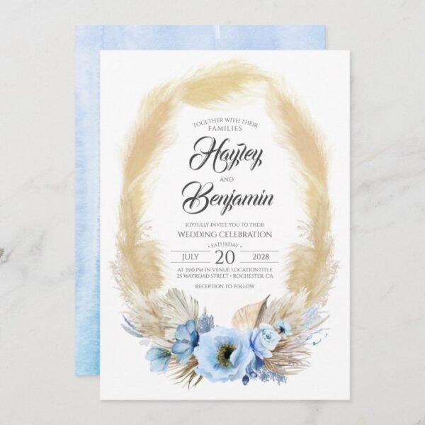 Pampas Grass Dusty Blue Flowers Tropical Wedding Invitation