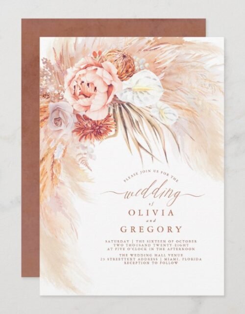 Pampas Grass Floral Terracotta Wedding Invitation