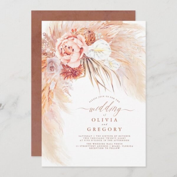 Pampas Grass Floral Terracotta Wedding Invitation