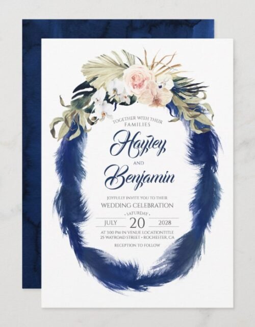 Pampas Grass Navy Blue and Pink Tropical Wedding Invitation