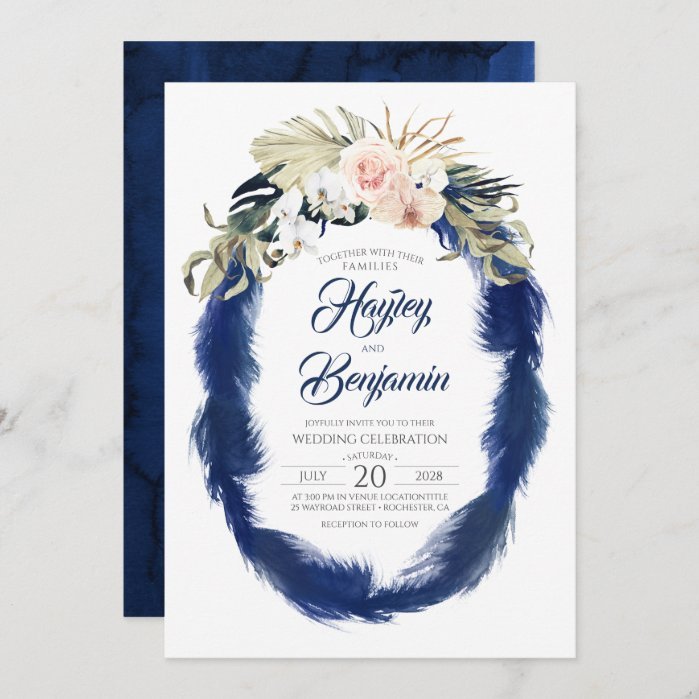 Pampas Grass Navy Blue and Pink Tropical Wedding Invitation