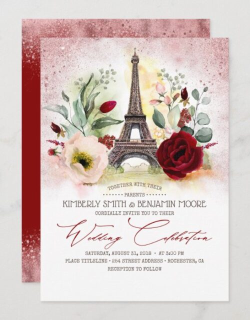 Paris Eiffel Tower Rose Gold and Burgundy Wedding Invitation