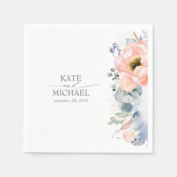 Peach Floral Dusty Blue Wedding Napkins