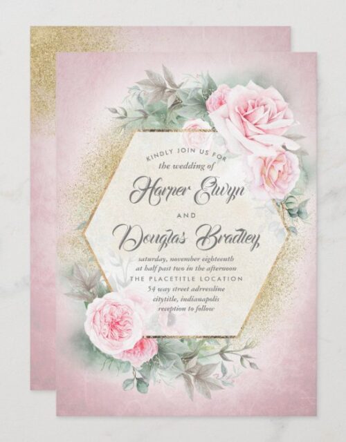Peony Blush Pink Gold Geometric Floral Wedding Invitation