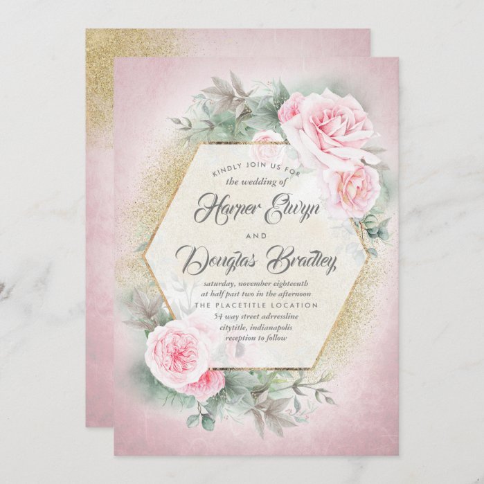 Peony Blush Pink Gold Geometric Floral Wedding Invitation