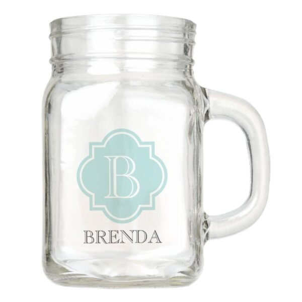 Personalized elegant teal quatrefoil monogram mason jar