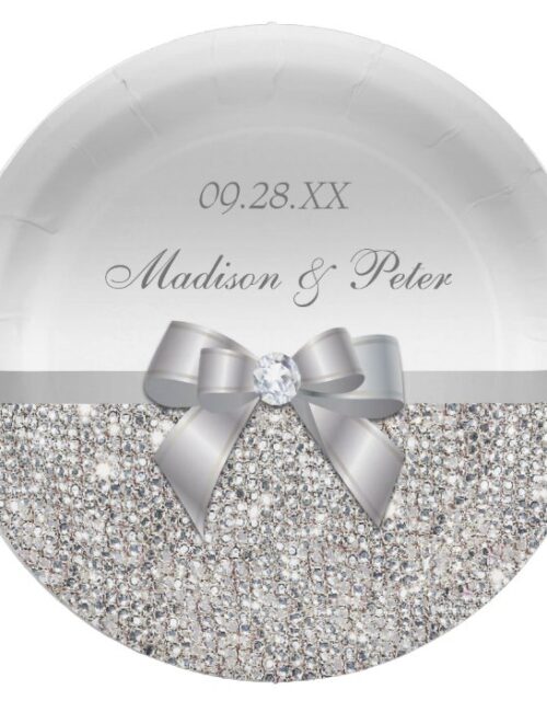 Personalized Faux Silver Sequins Bow Wedding Paper Plate