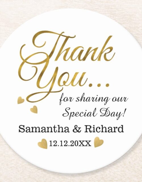 Personalized Gold Thank You Wedding Favor Round Paper Coaster