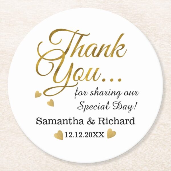 Personalized Gold Thank You Wedding Favor Round Paper Coaster