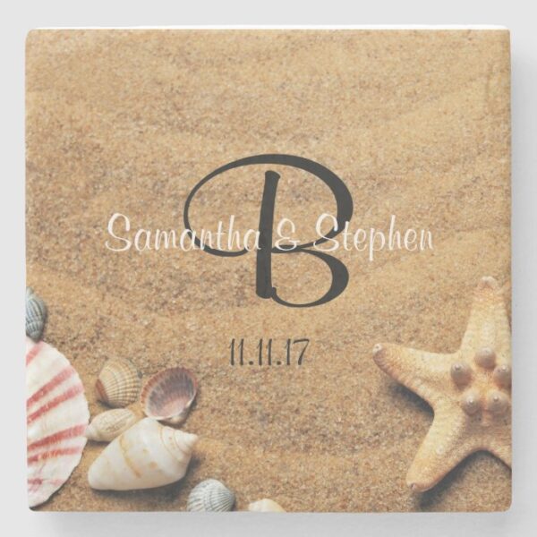 Personalized Monogram Sea Beach Wedding Gift Favor Stone Coaster