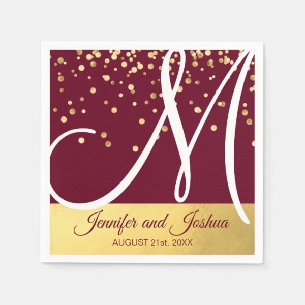 Personalized Monogrammed BURGUNDY Gold Wedding Napkins