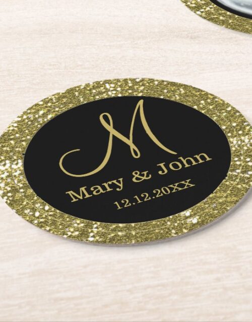 Personalized Wedding Monogram Glitter Gold Round Paper Coaster