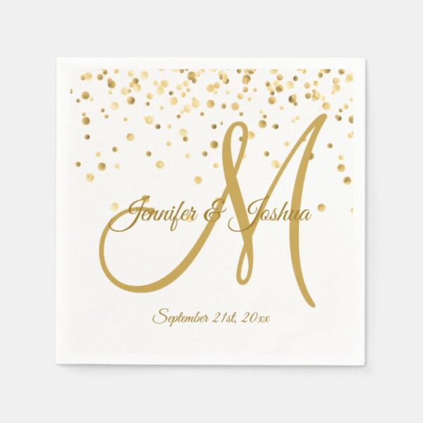 Personalized White Gold Confetti MONOGRAM Wedding Paper Napkins