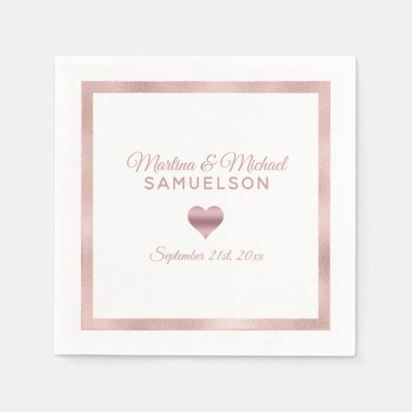 Personalized White Rose Gold Heart Frame Wedding Napkins