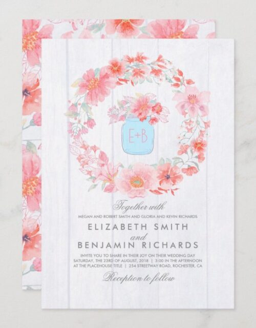 Pink and Blue Rustic Floral Mason Jar Wedding Invitation