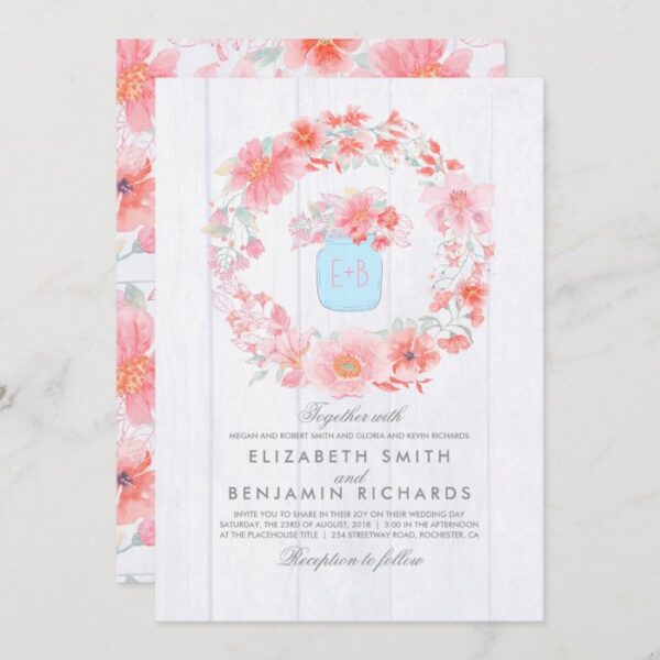Pink and Blue Rustic Floral Mason Jar Wedding Invitation