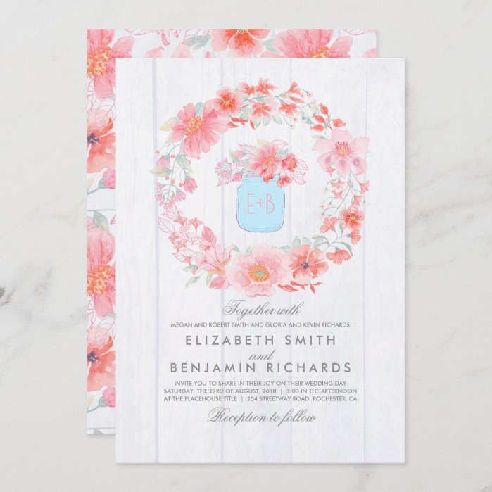 Pink and Blue Rustic Floral Mason Jar Wedding Invitation
