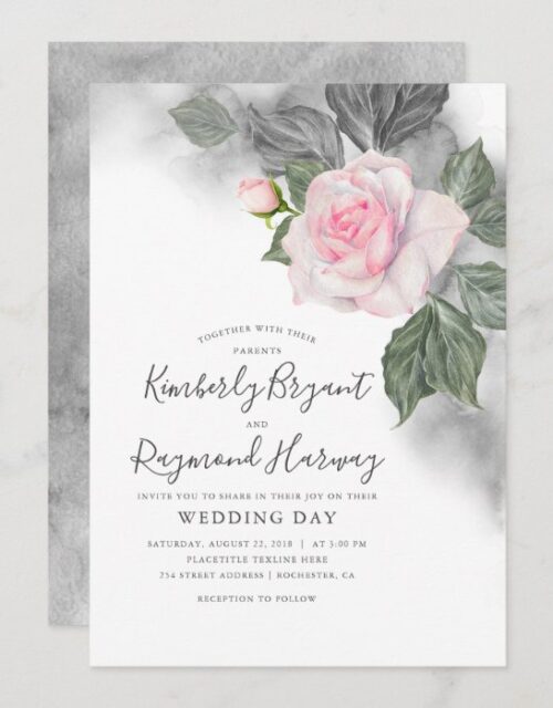Pink and Grey Floral Watercolor Elegant Wedding Invitation