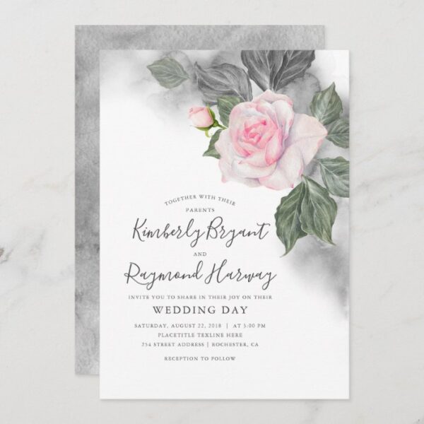 Pink and Grey Floral Watercolor Elegant Wedding Invitation