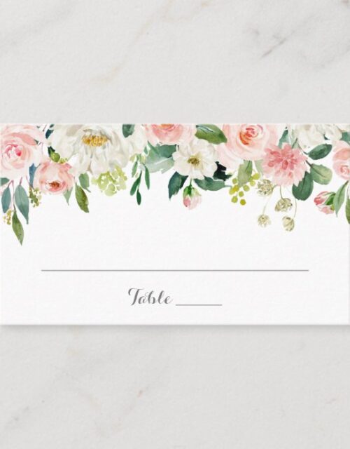 Pink and White Flower Wedding Flat Place Card